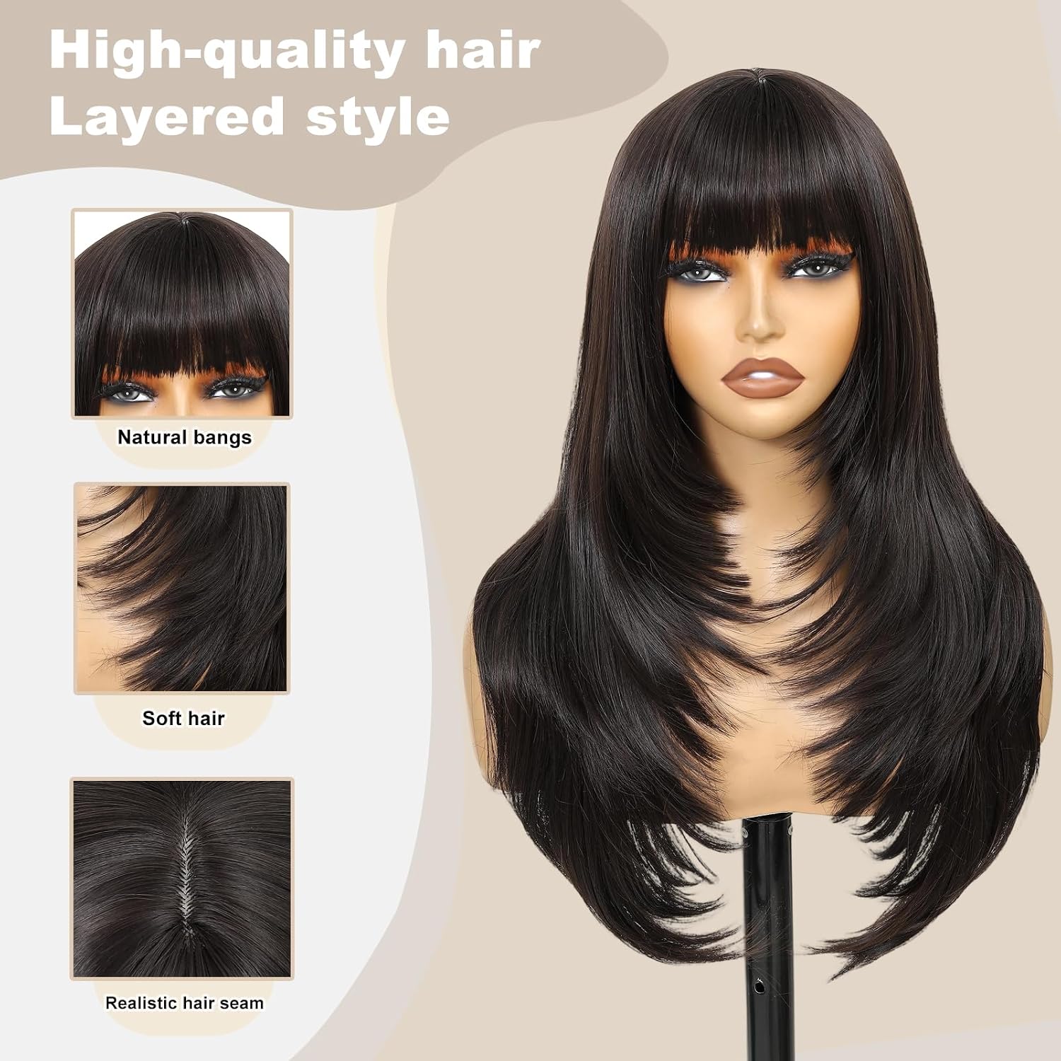 Long Layered Dark Brown Wig with Bangs for Women 26Inch,Realistic Scalp, Heat Resistant Synthetic Wig, Natural Looking Wigs for Daily Wear & Part