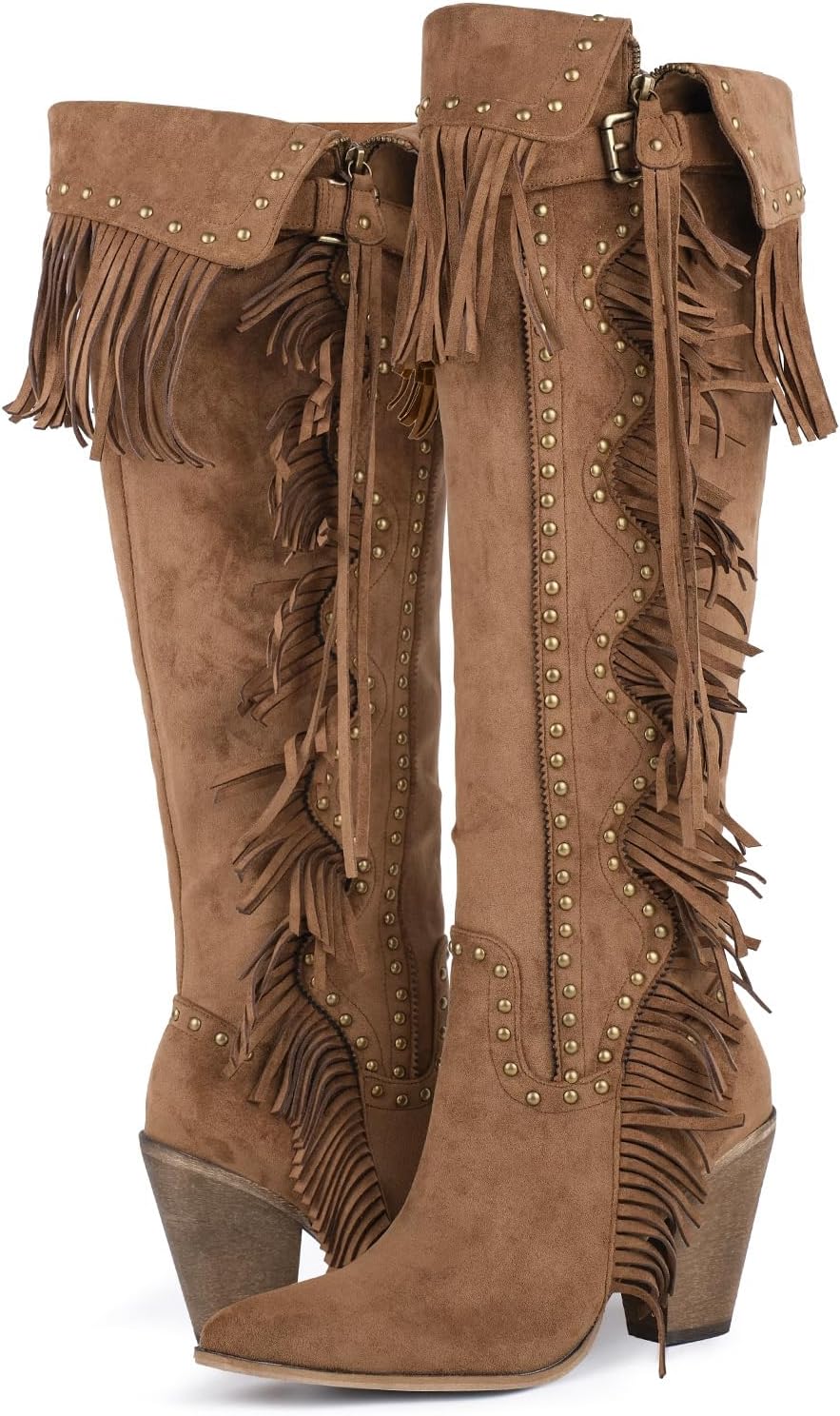 Studded Fringe Boots for Women Knee High Boho Western Boots