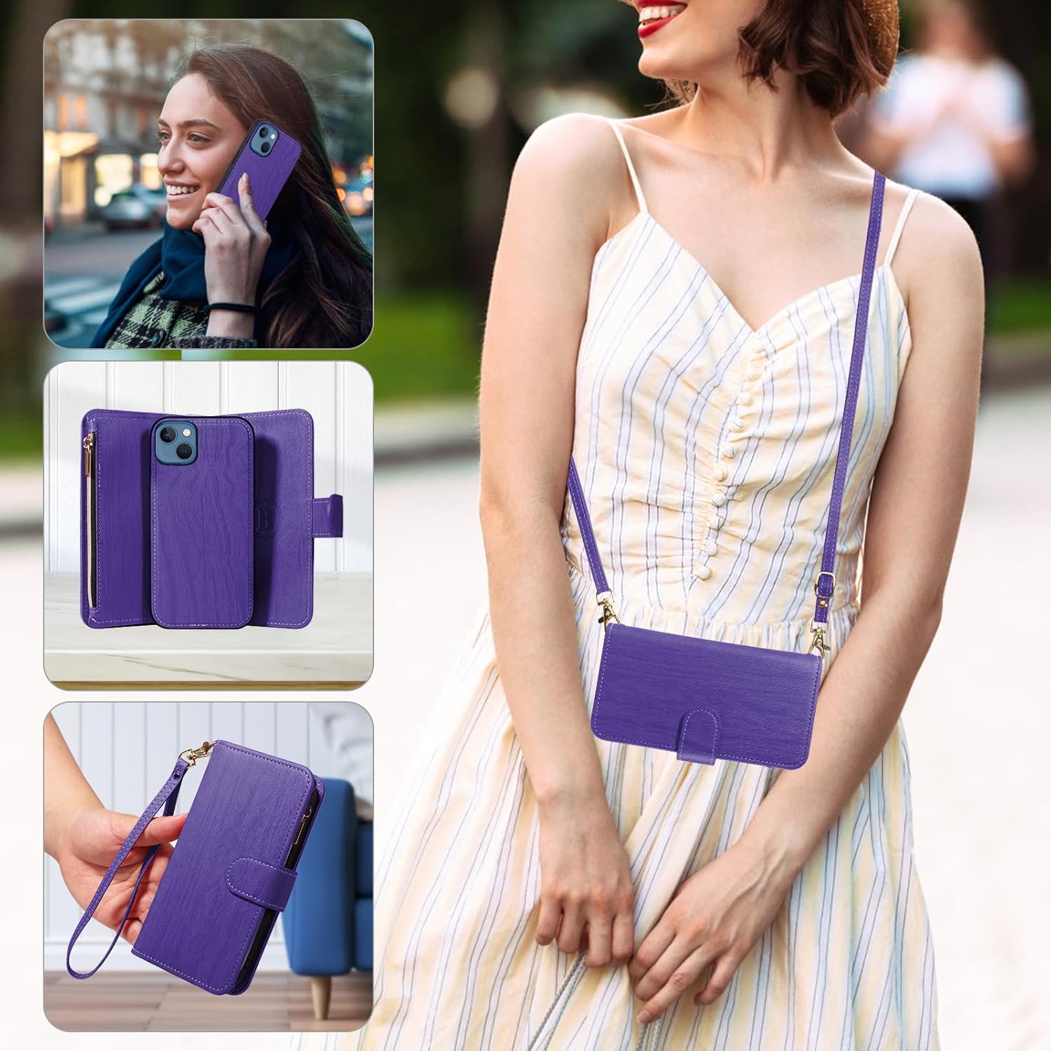 Asuwish Phone Case for iPhone 13 Mini 5.4 inch Zipper Wallet Cell Cover with Tempered Glass Screen Protector Strap Card Holder iPhone13mini i-Phone 13minicase i iPhone13 13mini Women Girls Dark Purple