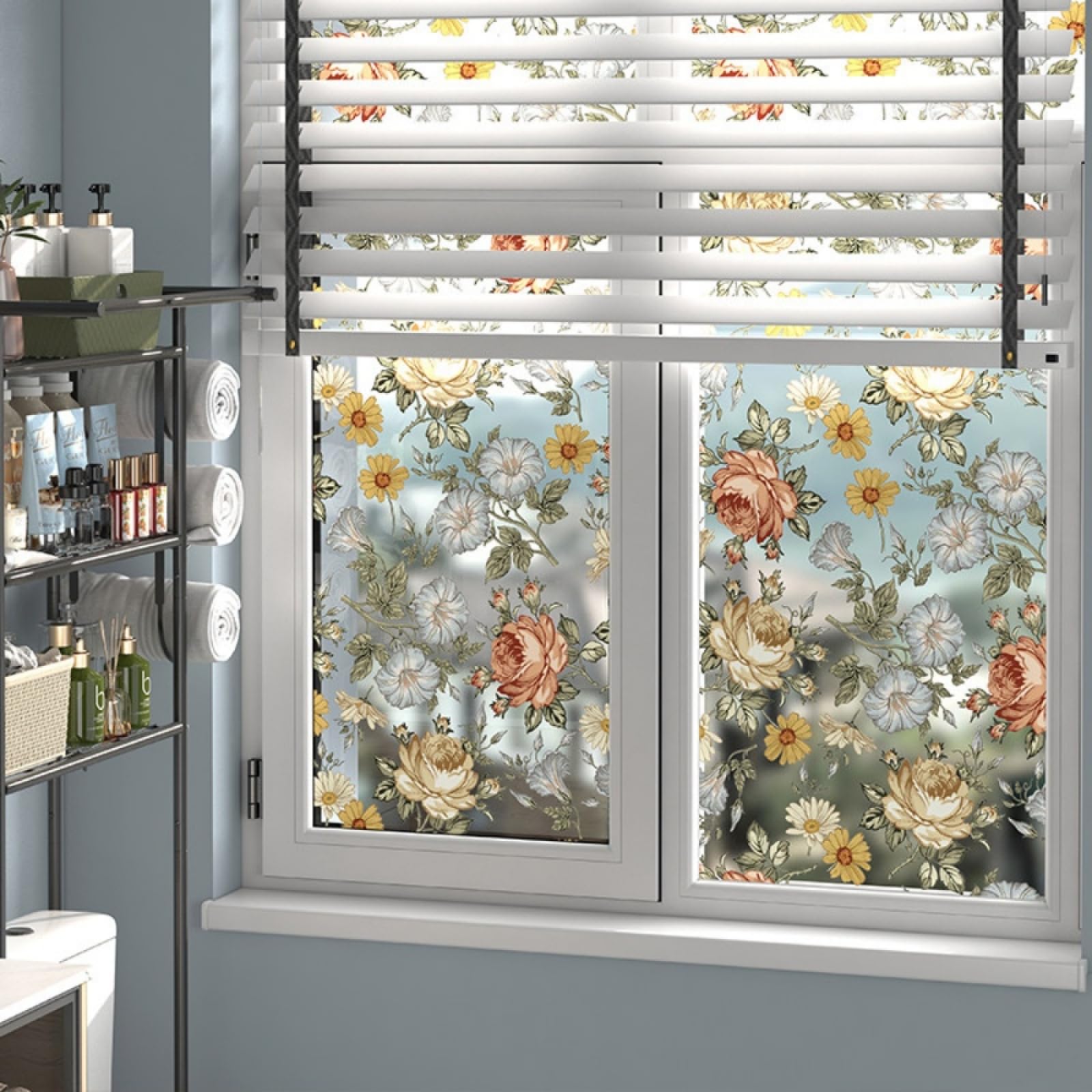 Fensterfolie Blickdicht 90x200CM Retro Blumen Statisch Selbsthaftend Dekorative Folie, Abnehmbare Glasfolien Anti-UV, für Badezimmer küche