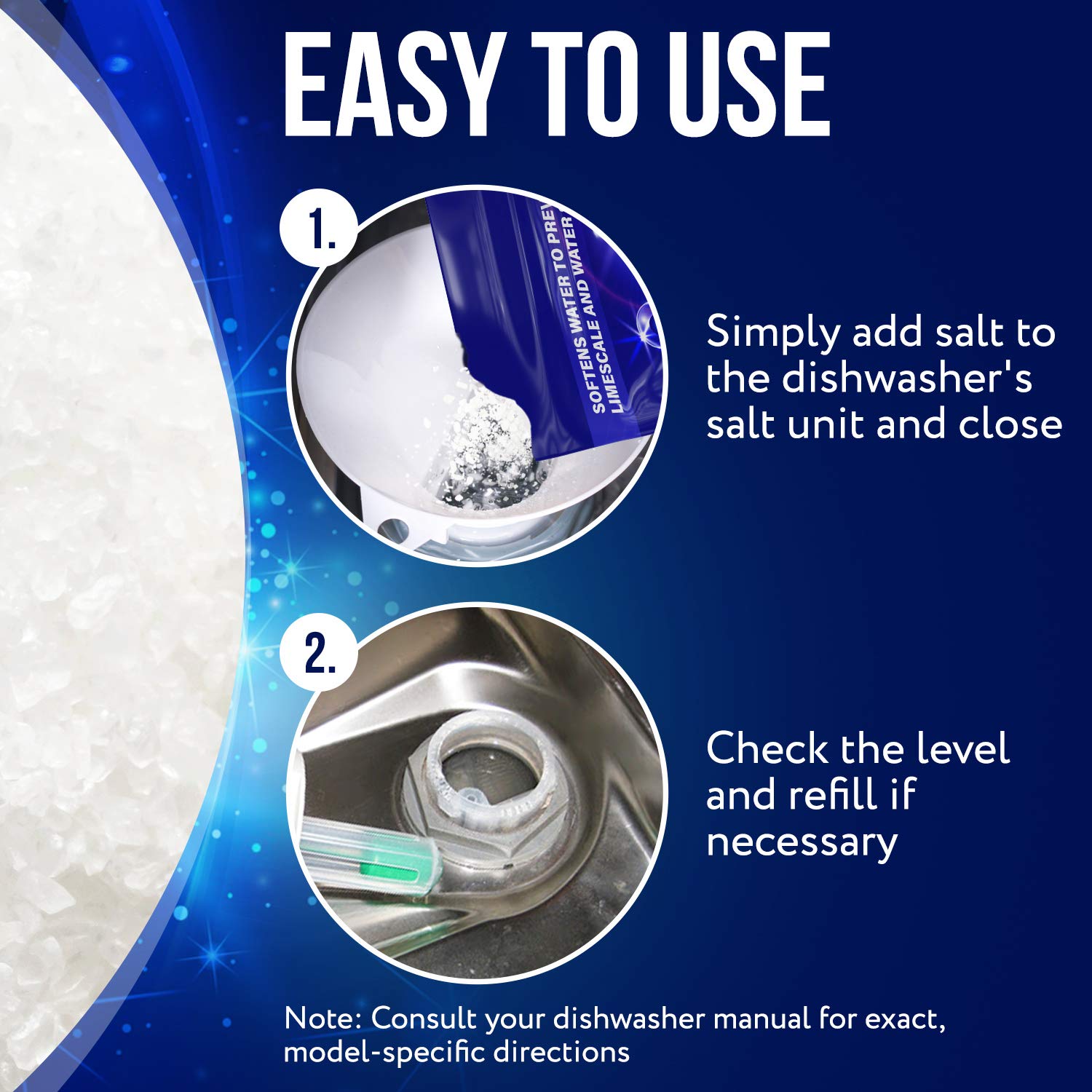 Sal para lavavajillas y suavizante de agua, 80 onzas, 100% pura, evita residuos de agua dura y cal, compatible con modelos Miele, Bosch y Whirlpool 3
