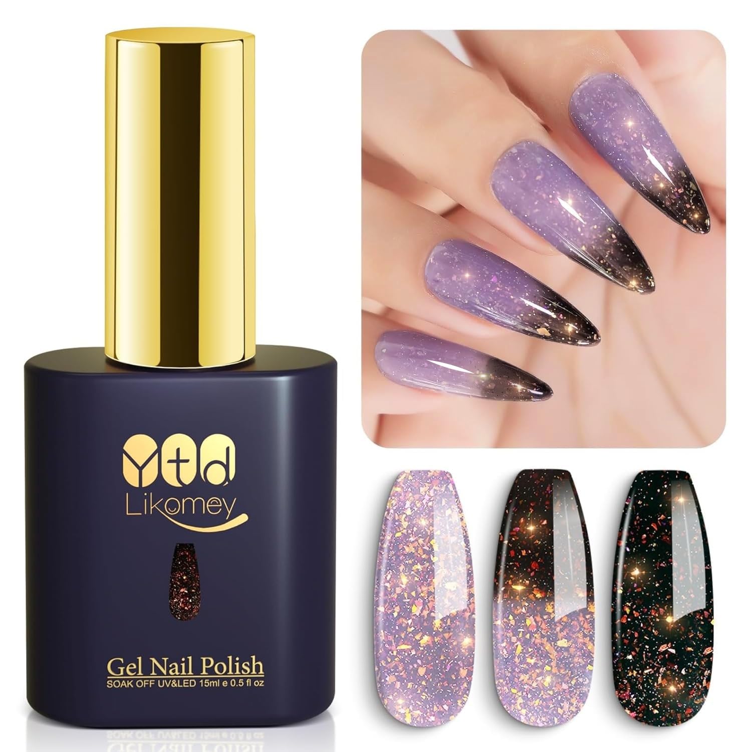 YTD Likomey Brocade Glitter Color Changing Gel Nail Polish,15ml Gray Purple to Black Shimmer Mood Temperature Change Colors Flakes,Autumn Winter Halloween Salon Thermal UV Manicure Chameleon Gel,WB348