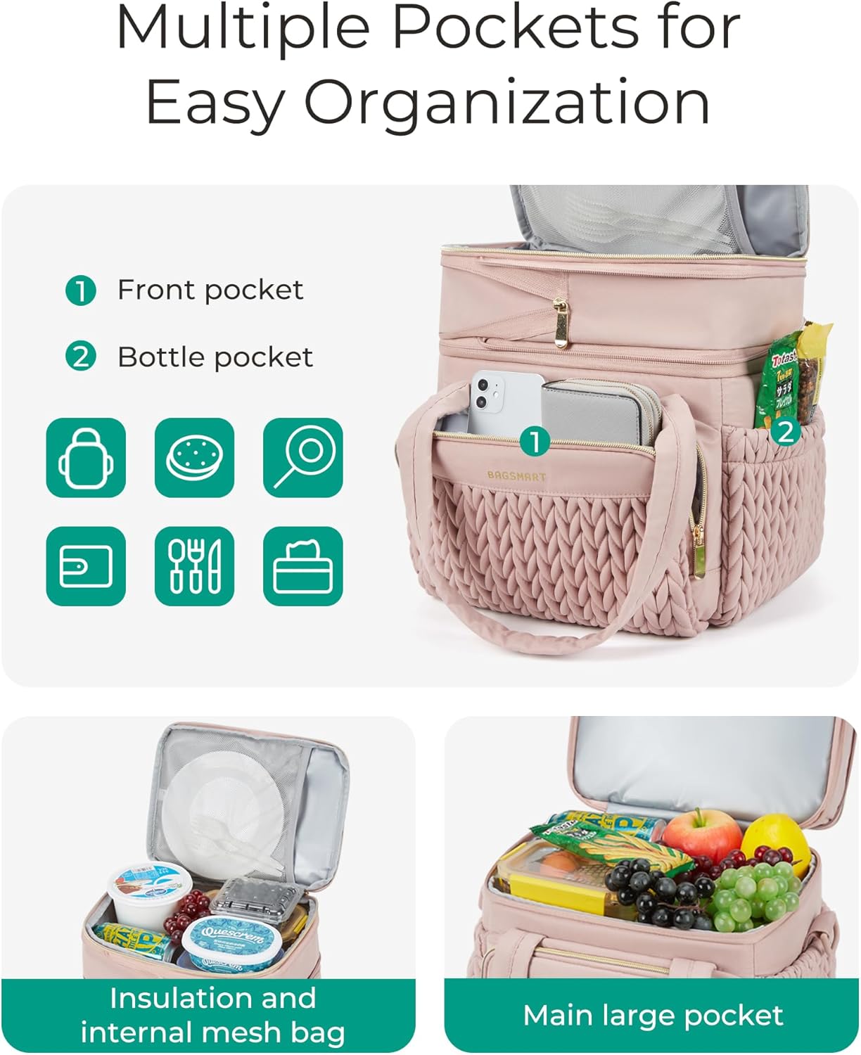 BAGSMART Insulated Lunch Box for Women, Double Deck Leakproof Cooler Bag with Expandable Design for Office Work & Outdoor Picnic - Image 4