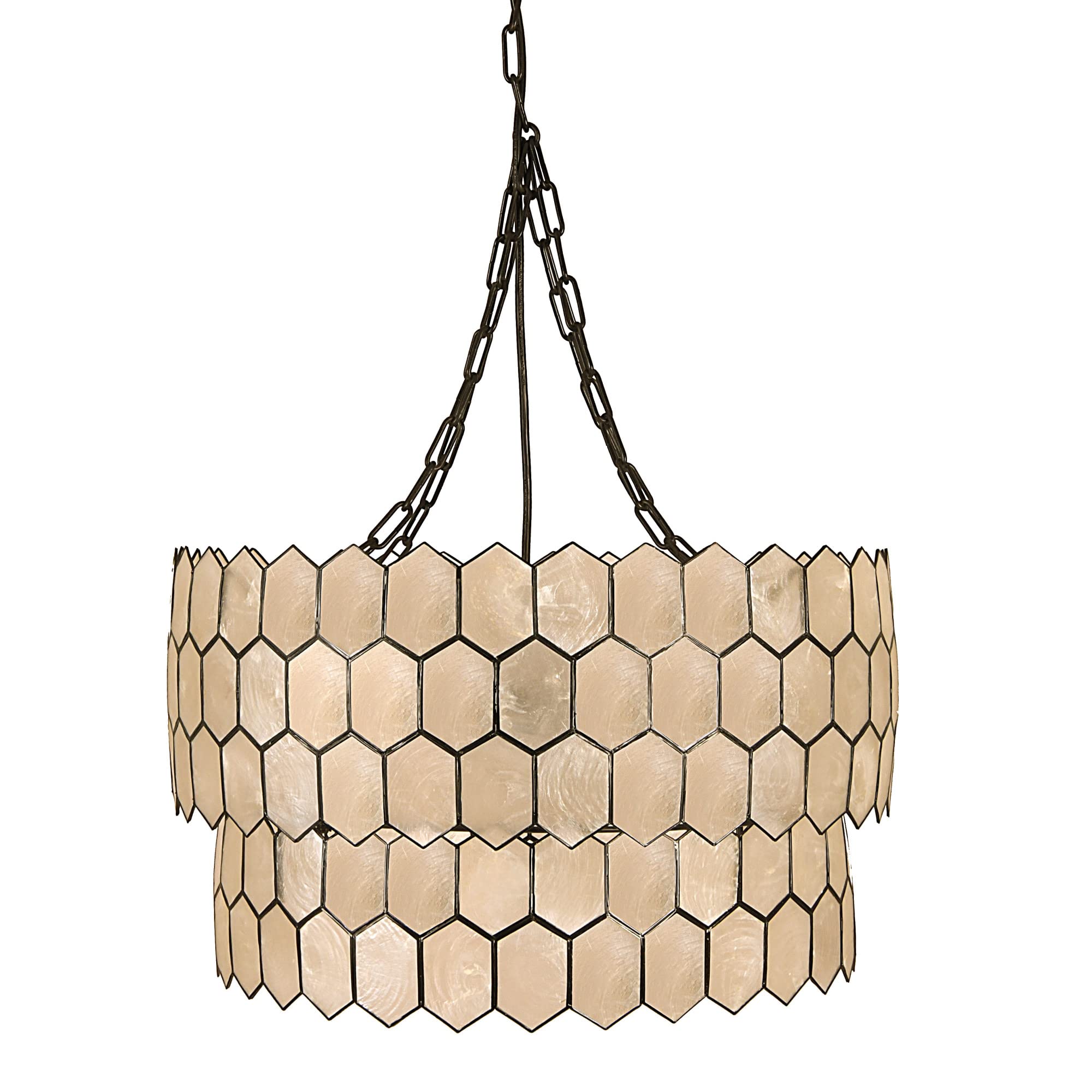 Creative Co-Op Honeycomb Two-Tier Chandelier Light, Capiz White Seashells with Black Metal Pendant