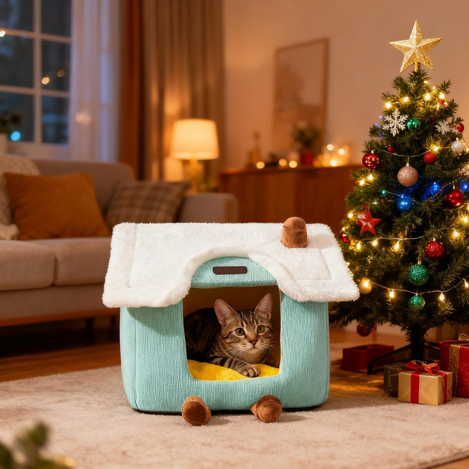 Cama cubierta para gatos – 40 x 32 x 32 cm, nido de felpa para mascotas, almohadilla extraíble, cálida casa para dormir | Camas de invierno interiores para gatitos, cachorros, perros pequeños