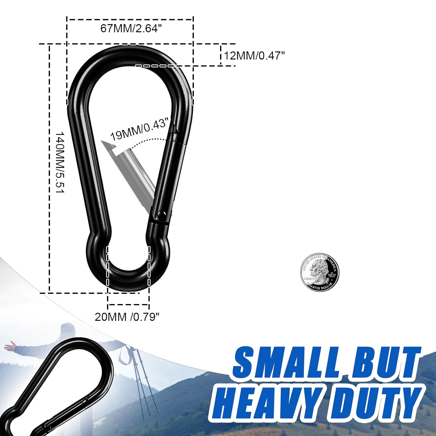 Large Carabiner Clip Hook, 5.5 inch 4 pcs Black Heavy Duty Spring Snap Hook Key Chain, Carabiners Clips for Outdoor Camping, Swing Set, Hammock, Hiking Travel, Fishing, Quick Link Keychain