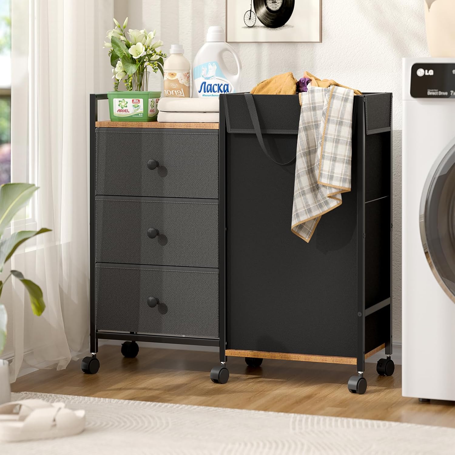 DAOUTIME Rolling Laundry Hamper with Wheels, 3 Drawers, Wooden Shelf & Detachable 123L Bag - Sorter for Bedroom Bathroom