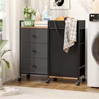 DAOUTIME Rolling Laundry Hamper with Wheels, 3 Drawers, Wooden Shelf & Detachable 123L Bag - Sorter for Bedroom Bathroom