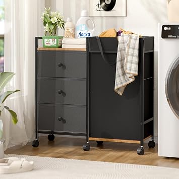 Laundry Hamper with Wheels, Laundry Sorter with Shelf and 3 Drawers, Total Capacity 123L/32.5 Gal 3 Drawers+Bags, Laundry Cabinet with Fabric Detachable Bags, Clothes Hampers for Bedroom Bathroom