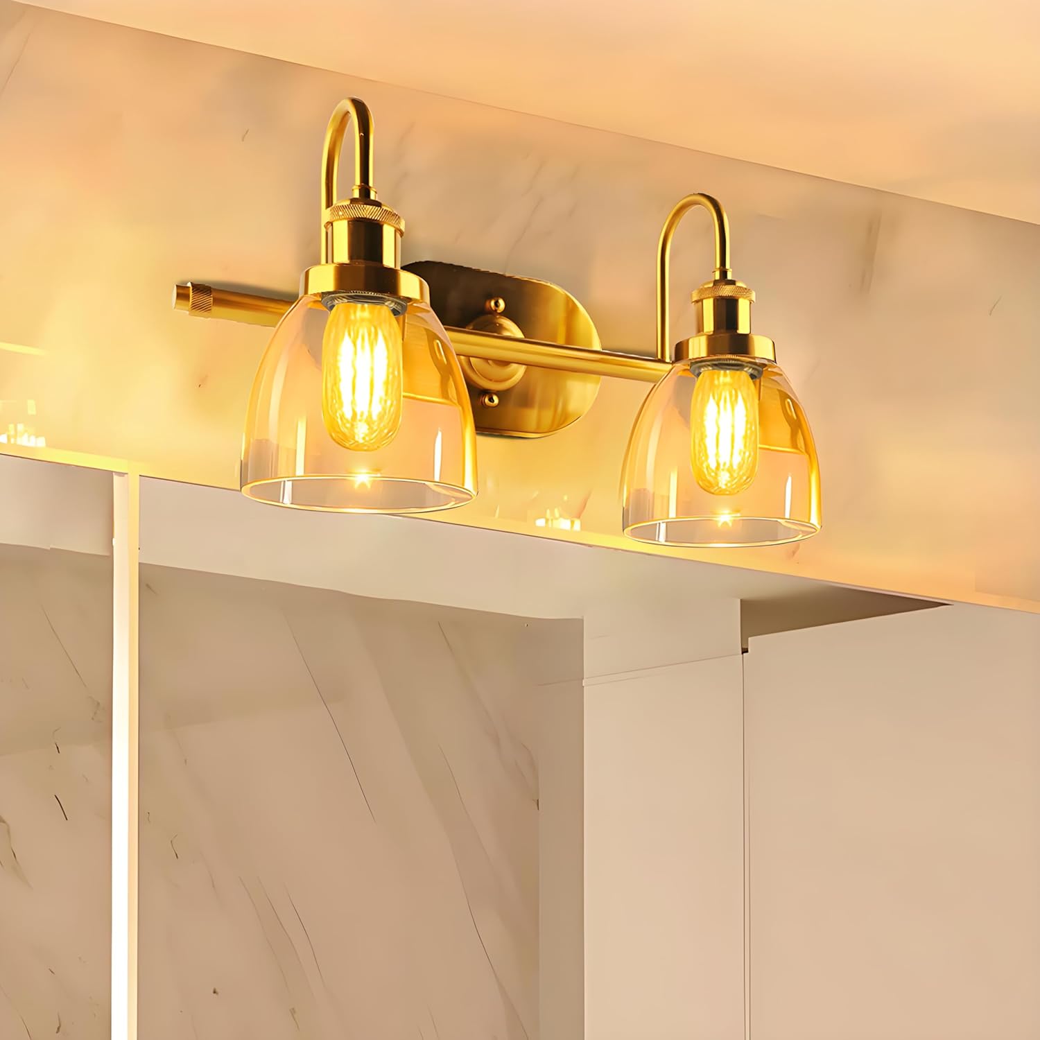 Lightdot Brushed Nickel Bathroom Light Fixture, 17.5IN 2-Light Bathroom Vanity Light with Clear Glass Shades, 60W Max/120V Modern Gold Vanity Lights for Mirror Kitchen Living Room, E26 Base-Gold