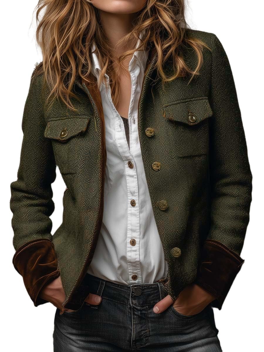 Apvirdy Herringbone Tweed Jacket Women Long Sleeve Vintage Jacket Velvet Cuffs Button Up Blazer Utility Pockets Work Coat