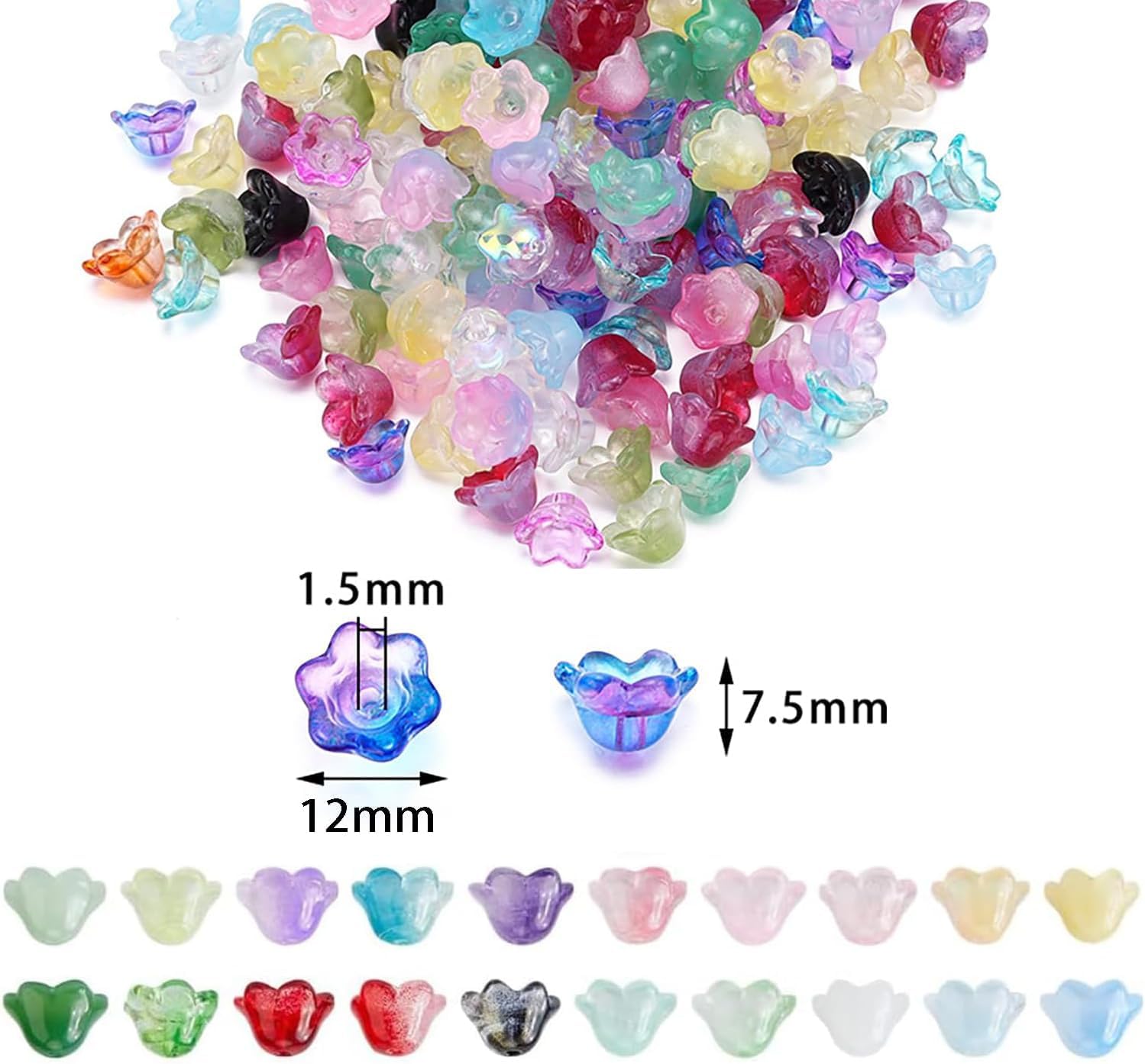 200pcs Bellflower Glass Beads, Mixed Colours Glass Flower Beads for Jewelry Making, Cute Bead with Colour Gradient Bellflowers Crystal Beads DIY Craft Accessories for Bracelets Necklaces Earrings - Image 3