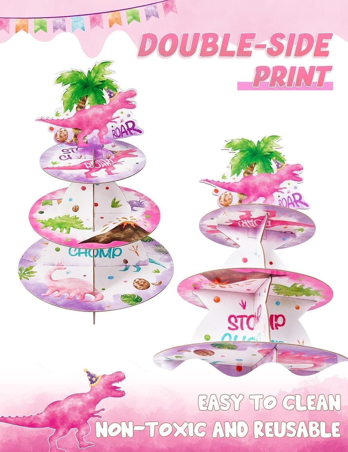 WERNNSAI 3-Tier Watercolor Dinosaur Cupcake Stand - Dinosaur Birthday Party Decorations for Girls Kids Pink Cupcake Holder Reusable Cardboard Dessert Tower for Dino Theme Party Baby Shower Supplies