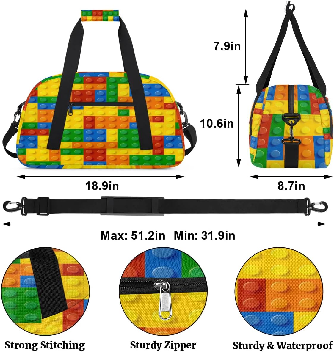 Building Block Kids Overnight Duffel Bags Portable Weekender Sleepover Bags for Girls Boy Travel Sports Gym Bag Waterproof Carry on Tote Bag Expandable Work Out Handbags