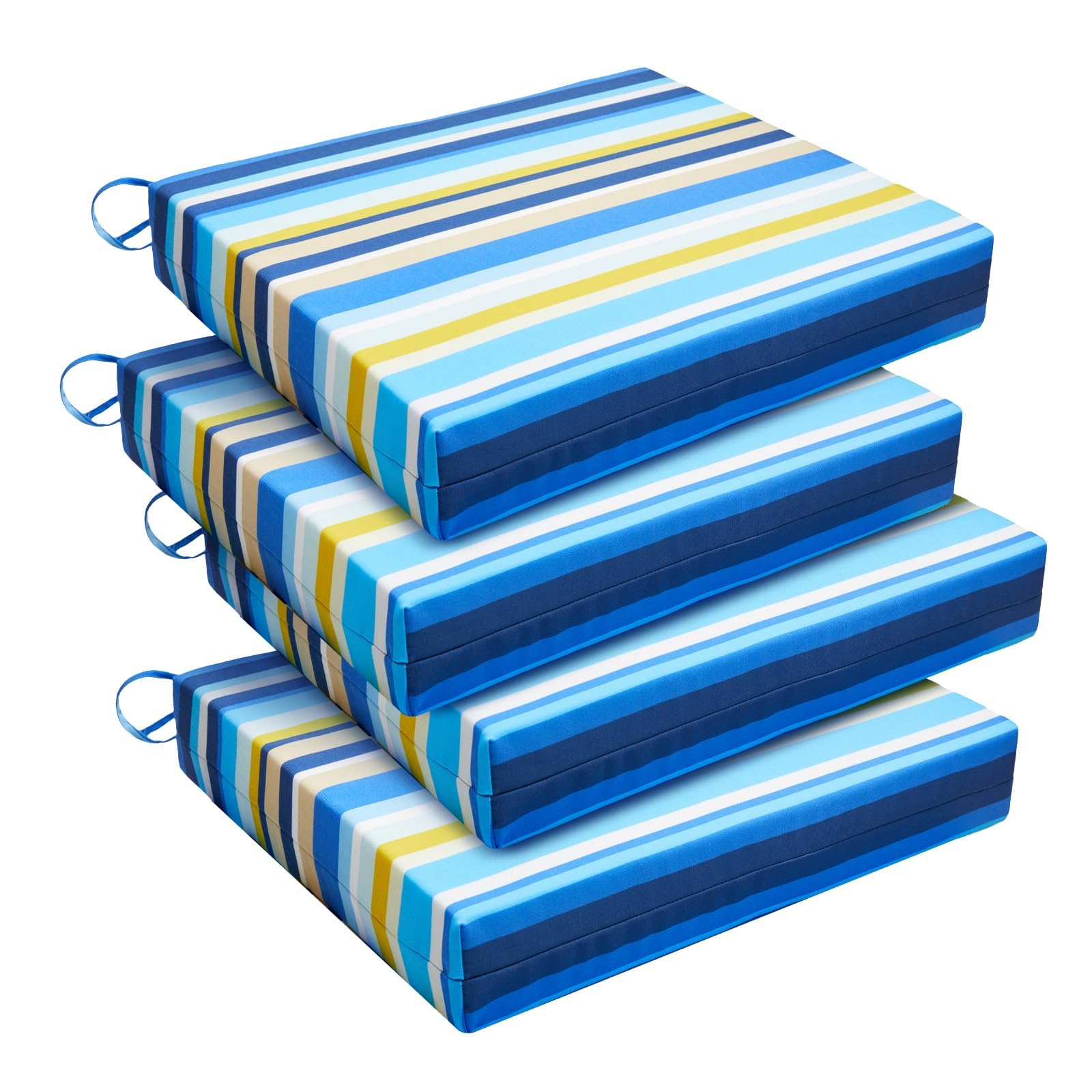 downluxe Outdoor Chair Cushions Set of 4 for Patio Furniture, Water-Resistant Square Corner Patio Chair Cushions with Ties, High Density Foam Outdoor Seat Cushion, 18.5" X 16" X 3", Blue Stripes