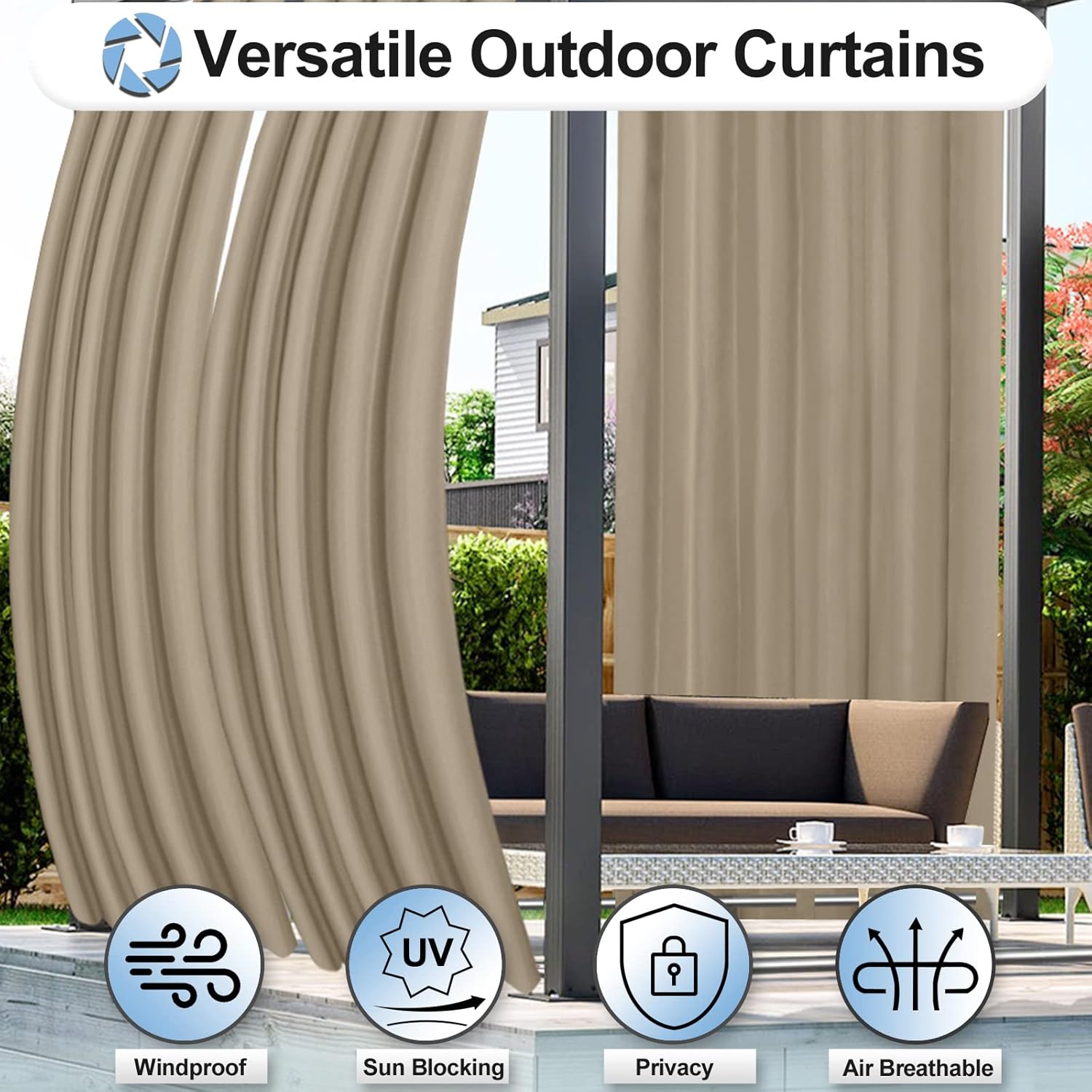 OutdoorLines Waterproof Outdoor Curtains for Patio - Windproof Tab Top Gazebo Curtain Panels - Privacy Sun Blocking Outside Curtain Set for Porch, Pergola and Cabana 54 x 84 inch, Khaki, 2 Panels