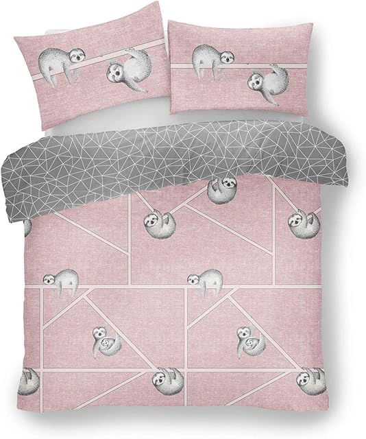 FAIRWAYUK Pink Bedding Set, Cute Sloth Print King Size Duvet Covers with Pillowcase, 3 Pcs, Reversible Quilt Cover, Ultra Soft, Easy Care