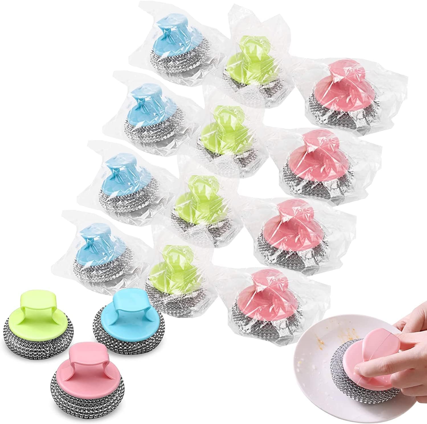 Steel Wool Scrubbers, Cleaning Sponges Metal Wire Scourer Sponge, Stainless Steel Heavy Duty Scouring Pad With Handle for Kitchen Cleaner Dishes, Pots Oven And Cooker-Random Color (12pcs)