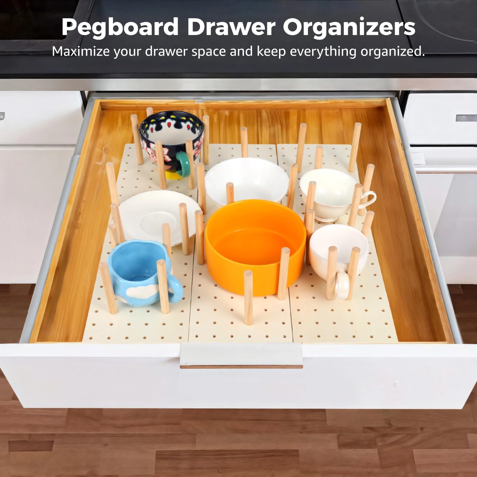 6PCS Wood Pegboard Drawer Organizer with 48 Pegs, Wooden Peg Board Drawer Shelf Organizer Adjustable Peg System for Dishes, Containers, Utensils
