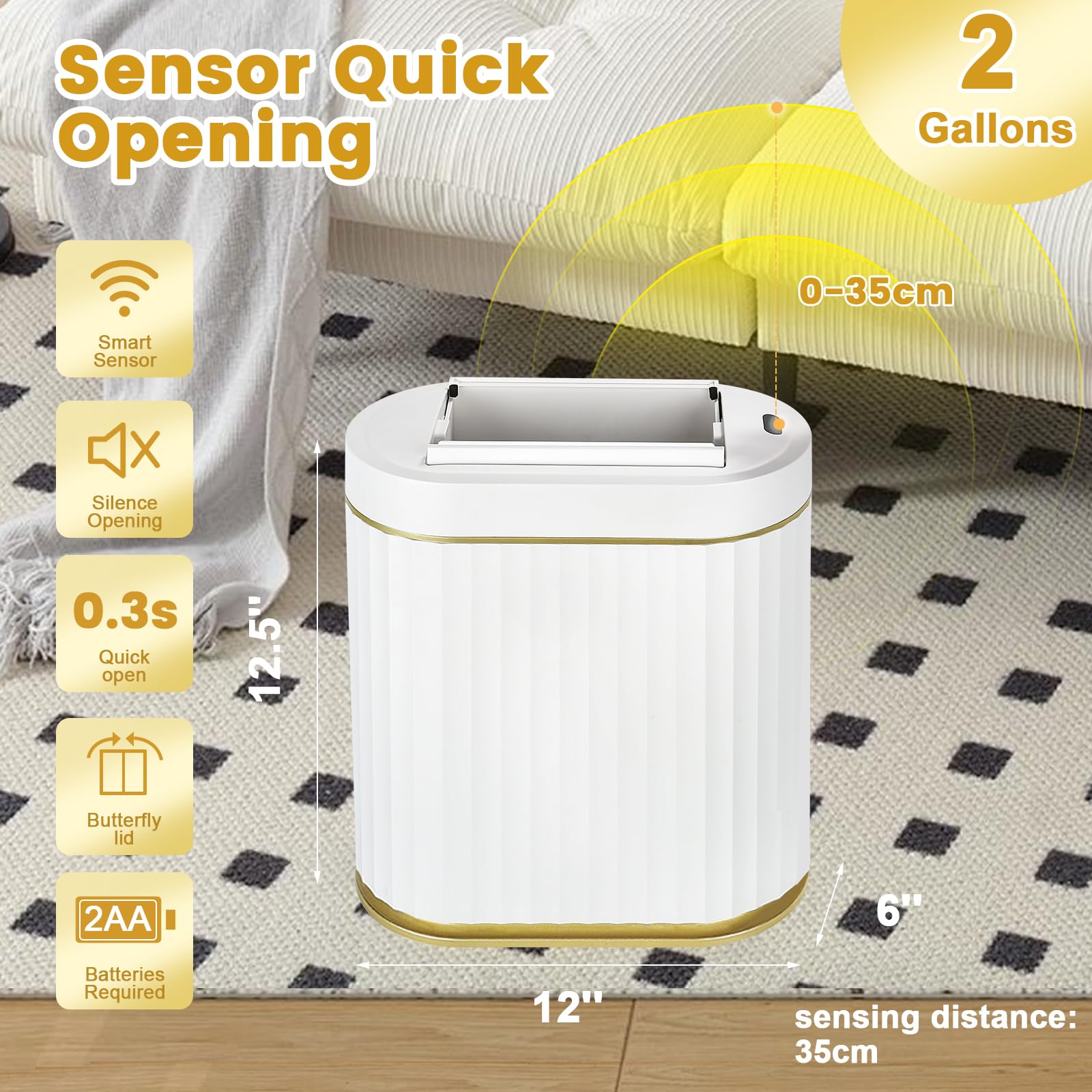 ELPHECO Bote de basura de baño con tapa, mariposa, sensor de movimiento, decoración de baño, papelera automática, accesorios de baño, cocina, sala de estar, oficina, oro blanco