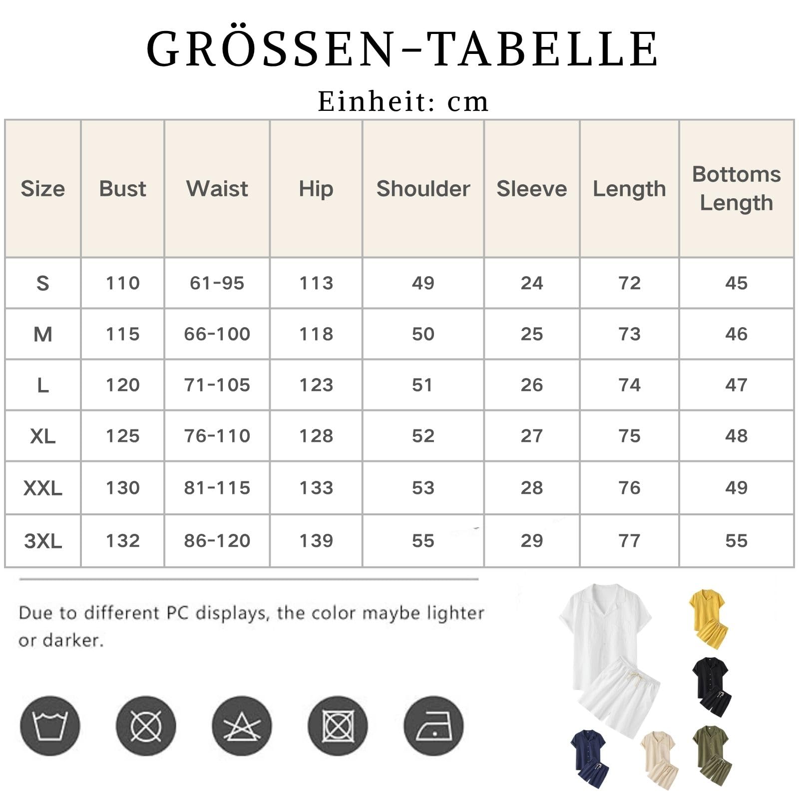 Generisch Leinen Set Herren Sommer Kurz Baumwolle Zweiteiler Leinenhemd und Shorts Freizeitanzug Einfarbig 2 Teiliges Kurzarm Button-Up Revers Hemd und Kurze Hose Leinen Anzug für Strand Urlaub