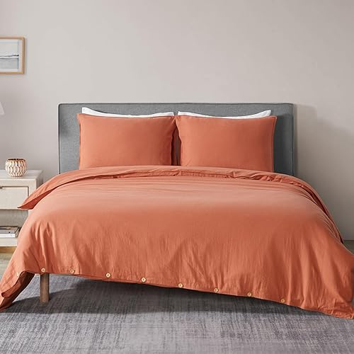 DAPU Juego de funda de edredón de lino tamaño King, juego de ropa de cama ligero lavado con cierres de botones, 3 piezas hipoalergénicas de mezcla