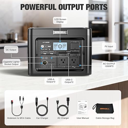Miniatura 7 de GRECELL Estación de energía portátil de 1200 W, 672 Wh H1200 LiFePO4, generador solar de batería con UPS de 10 ms, estación de energía solar de 1200