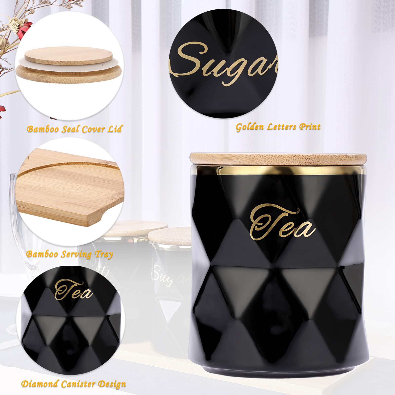 BTSKY Recipientes herméticos de cerámica negra para azúcar, café, té con tapa y bandeja, juego de 3 recipientes herméticos para almacenamiento de alimentos, tarros con tapa de bambú para encimera de