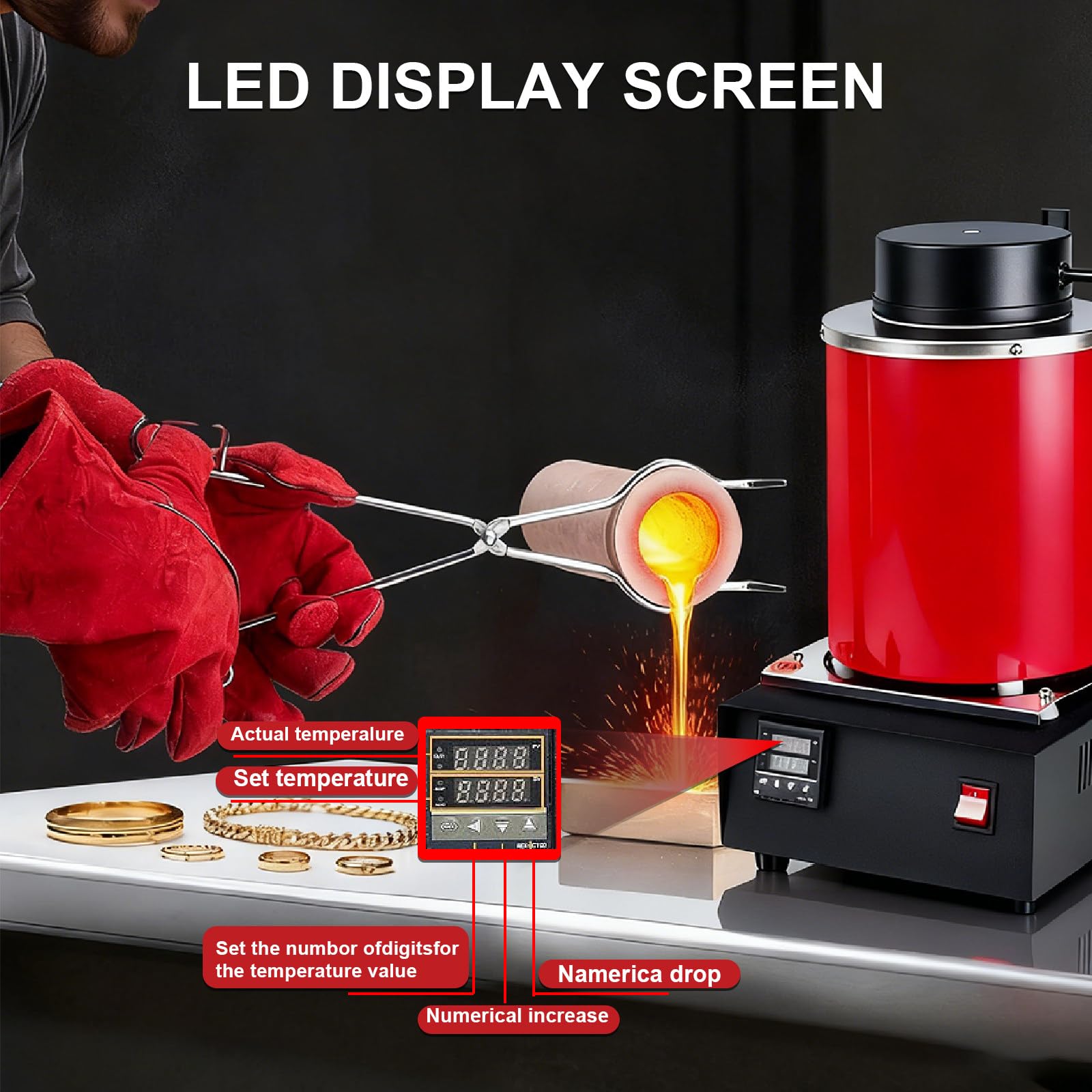 Horno De Fundición Digital Eléctrico De 1400 W, con Control Pid Y Crisol De Grafito para Fundir Oro, Plata, Cobre Y Aluminio (1150 °C/2102 °F) 2kg-Black