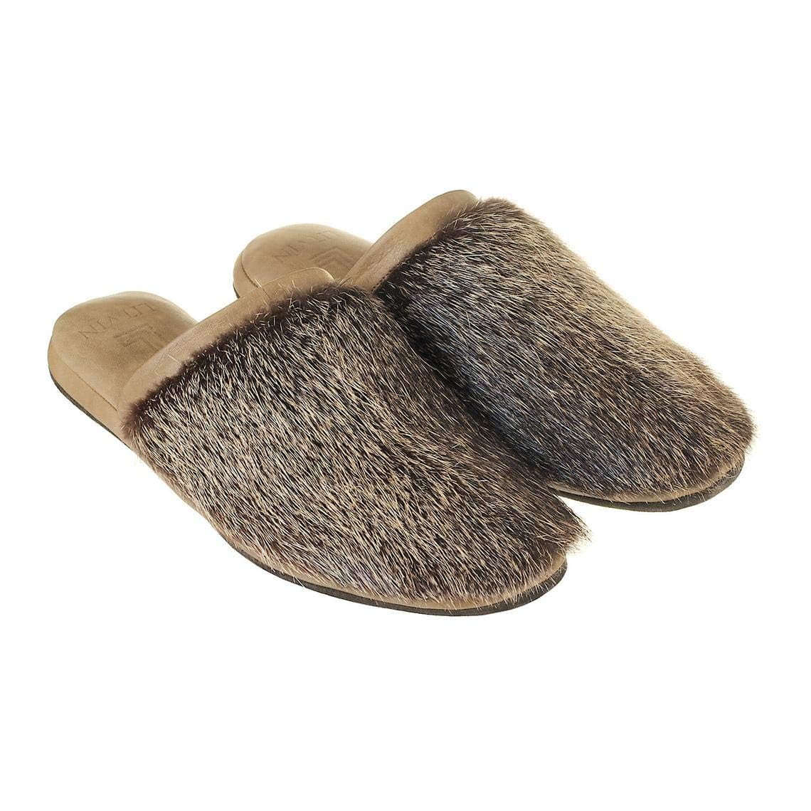 Mens leather house shoes natural color fur of nutria olive slippers LITVIN
