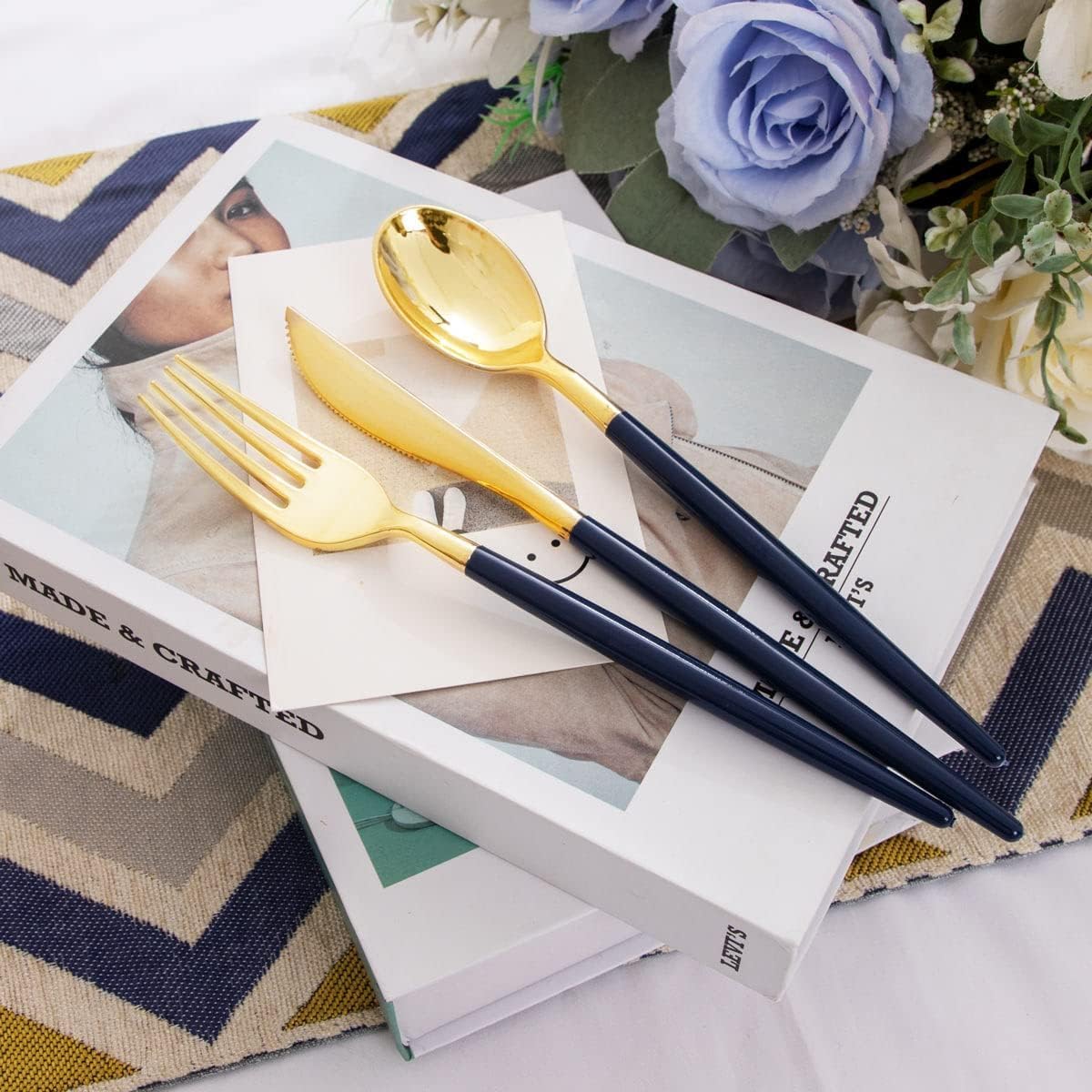 Liacere 150PCS Blue Plastic Plates - Gold Plastic Silverware with Blue Handle - Navy Disposable Plates Include 30 Guests Plates,Forks,Spoons,Knives for Party & Graduation & Memorial Day