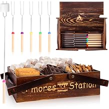 Portable Smores Kit 4 In 1 Smores Caddy Organizer with Handle 6 Pcs 32 Inch Marshmallow Roasting Sticks Dark Brown Smores Basket Tray with Handles Wooden Smores Maker Box with Lid for Camping Outdoor