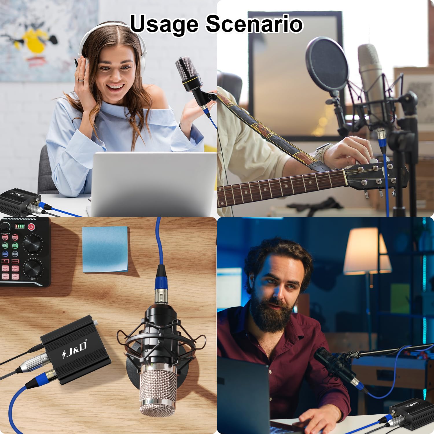 J&D Fuente de Alimentación Phantom 48V, Diseño de 1 Canal con Adaptador, Compatible con Todos los Micrófonos de Condensador, Ideal para Grabación Musical Profesional y Uso en Estudio, Negro