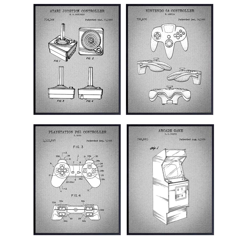 Video Game Patent Art Prints - Vintage Wall Art Poster Set - Chic Rustic Home Decor for Game Room, Man Cave, Play Room, Den - Gift for Gamers,