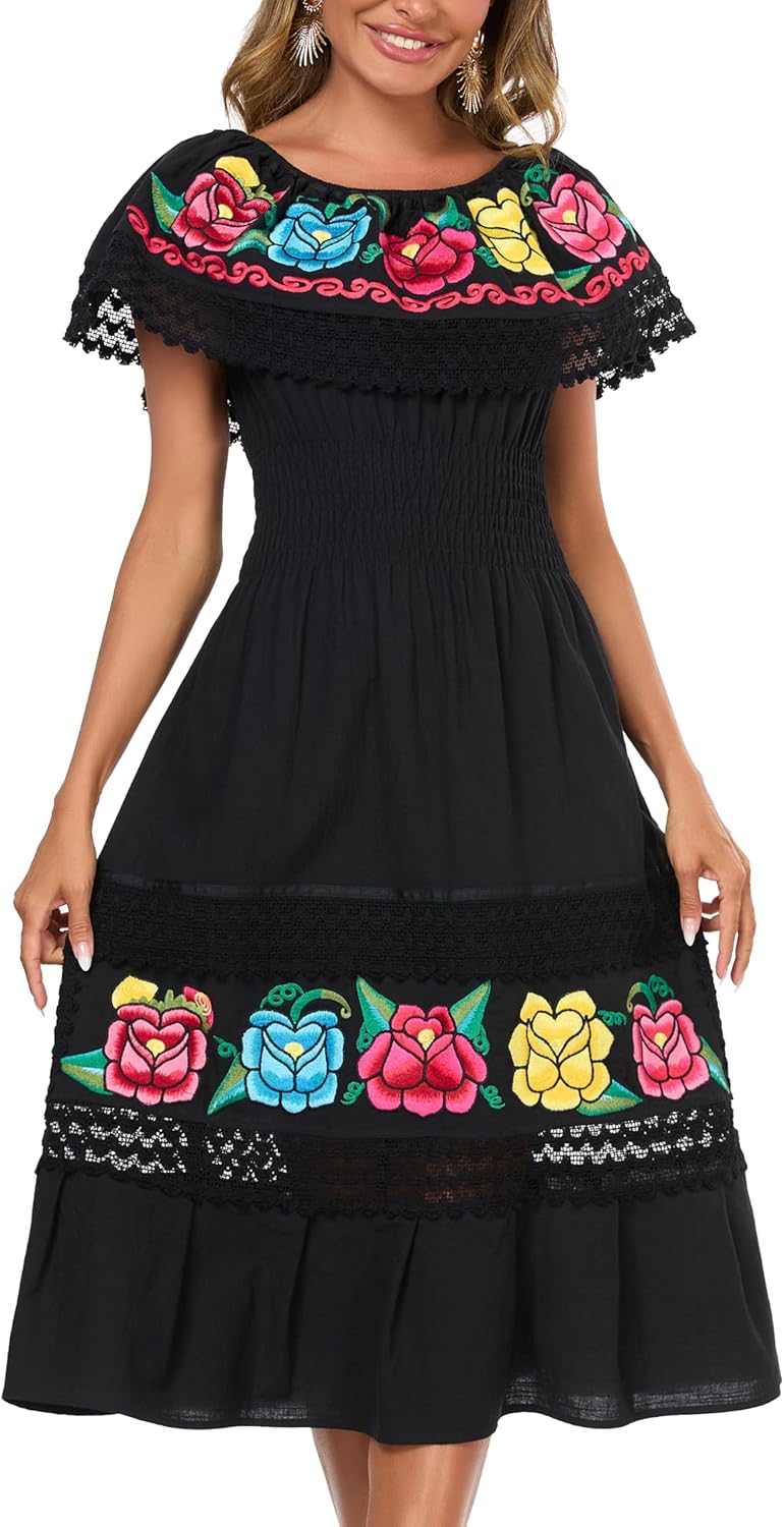 YZXDORWJ Women Embroidered Mexican Peasant Casual Sexy Lace Off-Shoulder Long Dress - Image 2