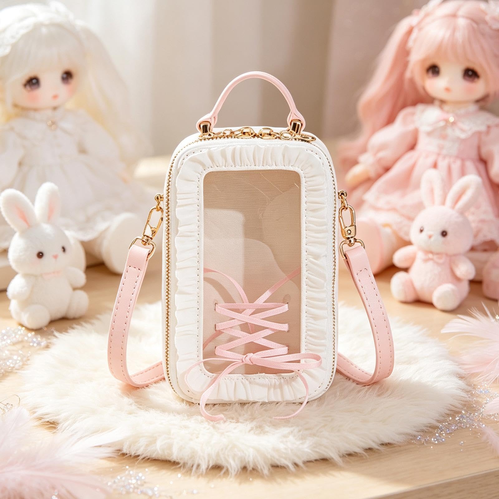 Funda de muñeca de peluche, resistente al polvo con asa y transparente