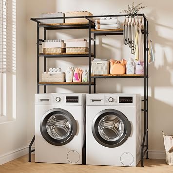 Homde Over The Washer and Dryer Storage Shelf 5-Tier Heavy Duty | Laundry Room Organizer Standing Shelf with Hanger Rod & Anti-Tip - Space Saving Rust Proof Shelving for Bathroom Balcony