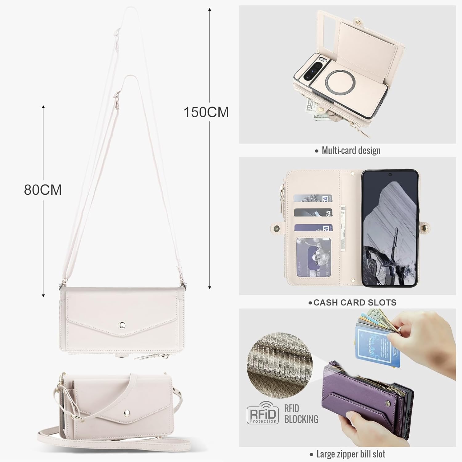 Detachable 2-in-1 Case for Google Pixel 9 - Wallet Cover with Card Slots, RFID Blocking, Compatible with Magsafe Charging and Car Mount, Wrist & Crossbody Strap.(White)