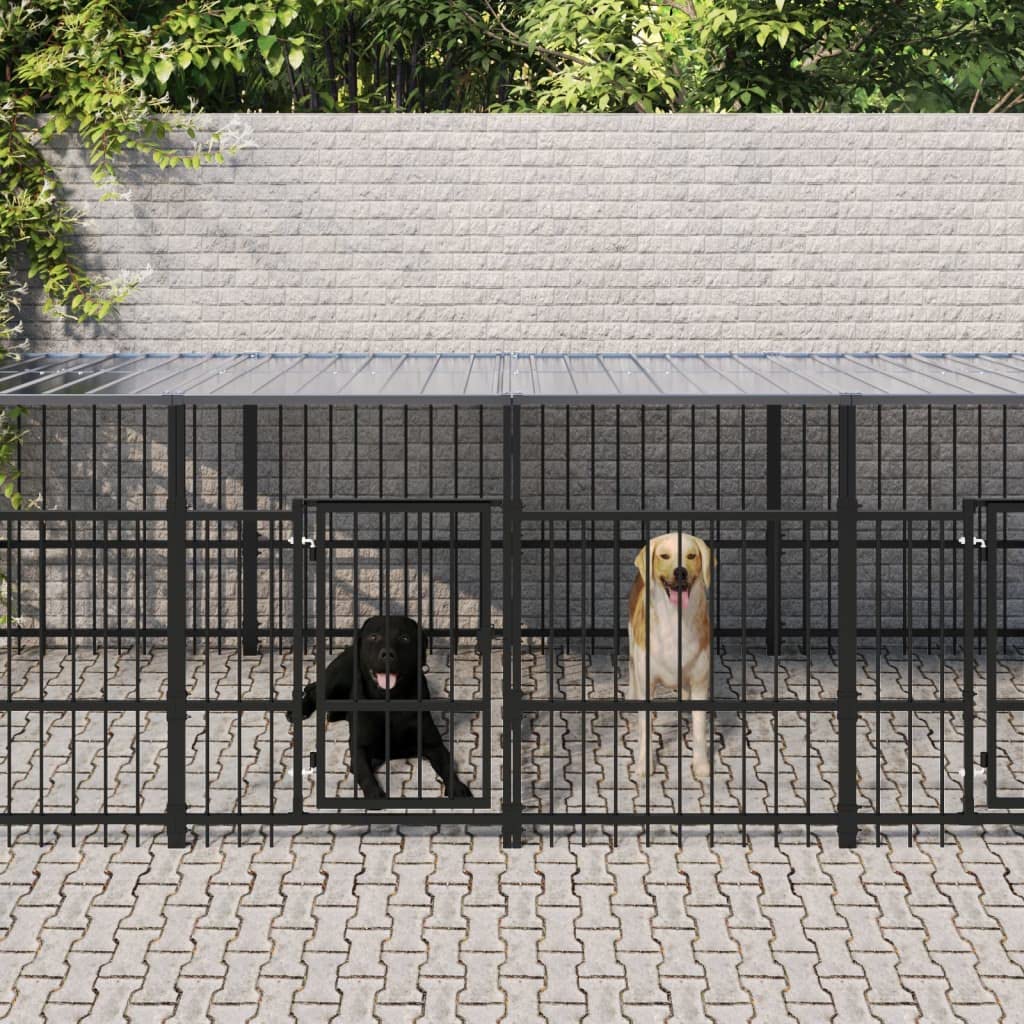 Perrera para perros de acero con recubrimiento en polvo con techo de 11,26 m², parque estable con puertas batientes, protección y seguridad para cachorros, jardín, terraza, uso exterior e