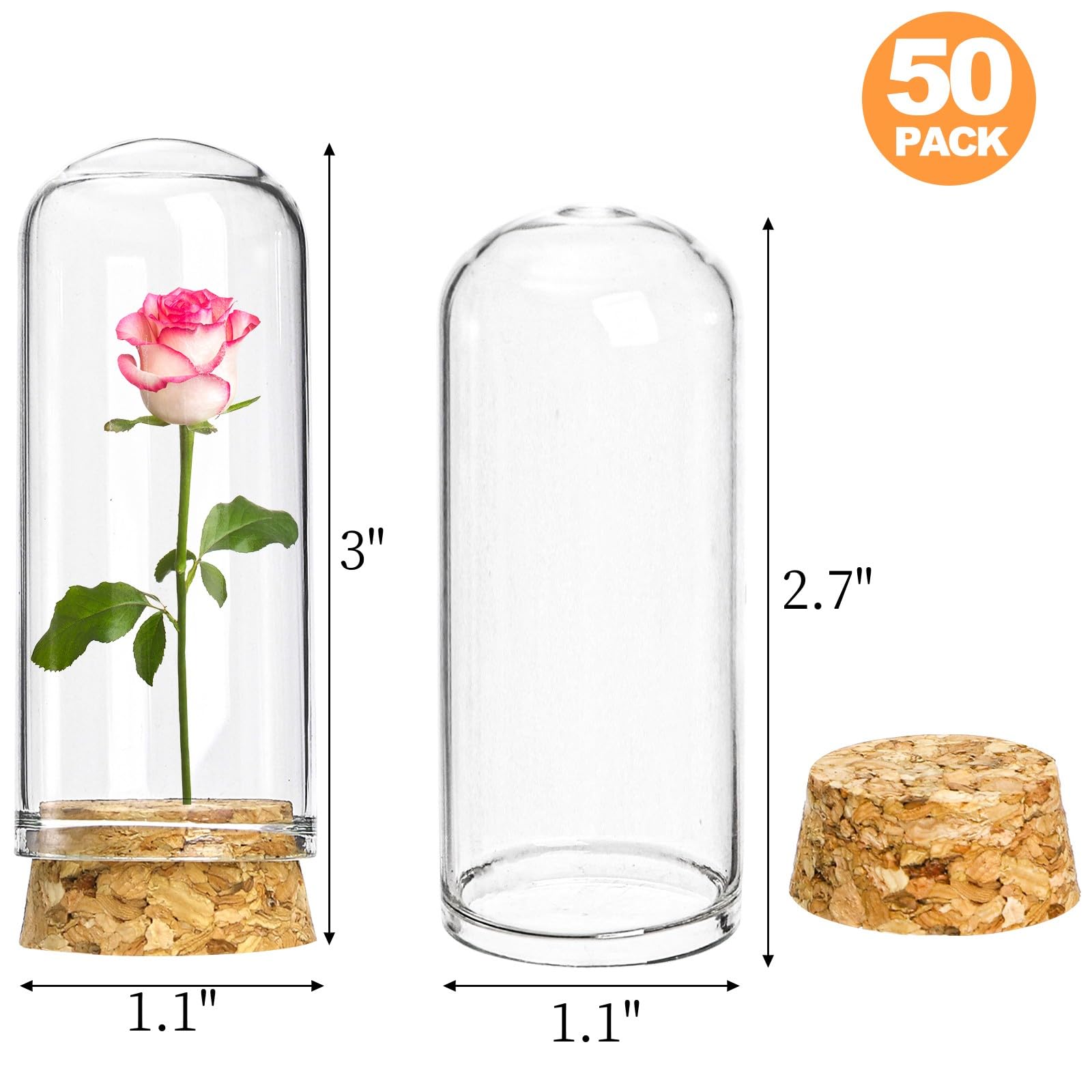 Mezchi 50 Pack 40ml Transparent Glass Cylindrical Cloche Dome Set with Cork Stoppers for Candy, DIY Art Crafts, Wedding Party Favors