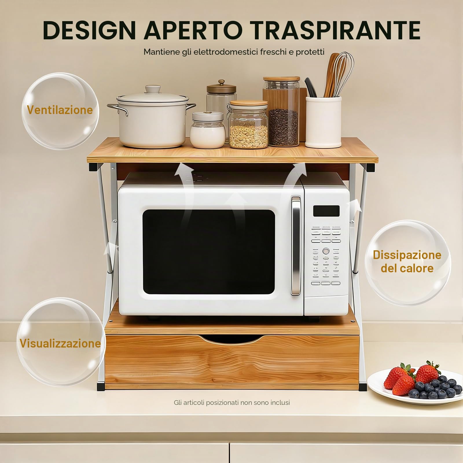 Scaffale per microonde a due piani, in legno con cassetto e capacità di carico di 10 kg, in MDF e ferro, 54 x 35 x 50 cm, design aperto, sufficiente spazio di archiviazione, robusto organizer da