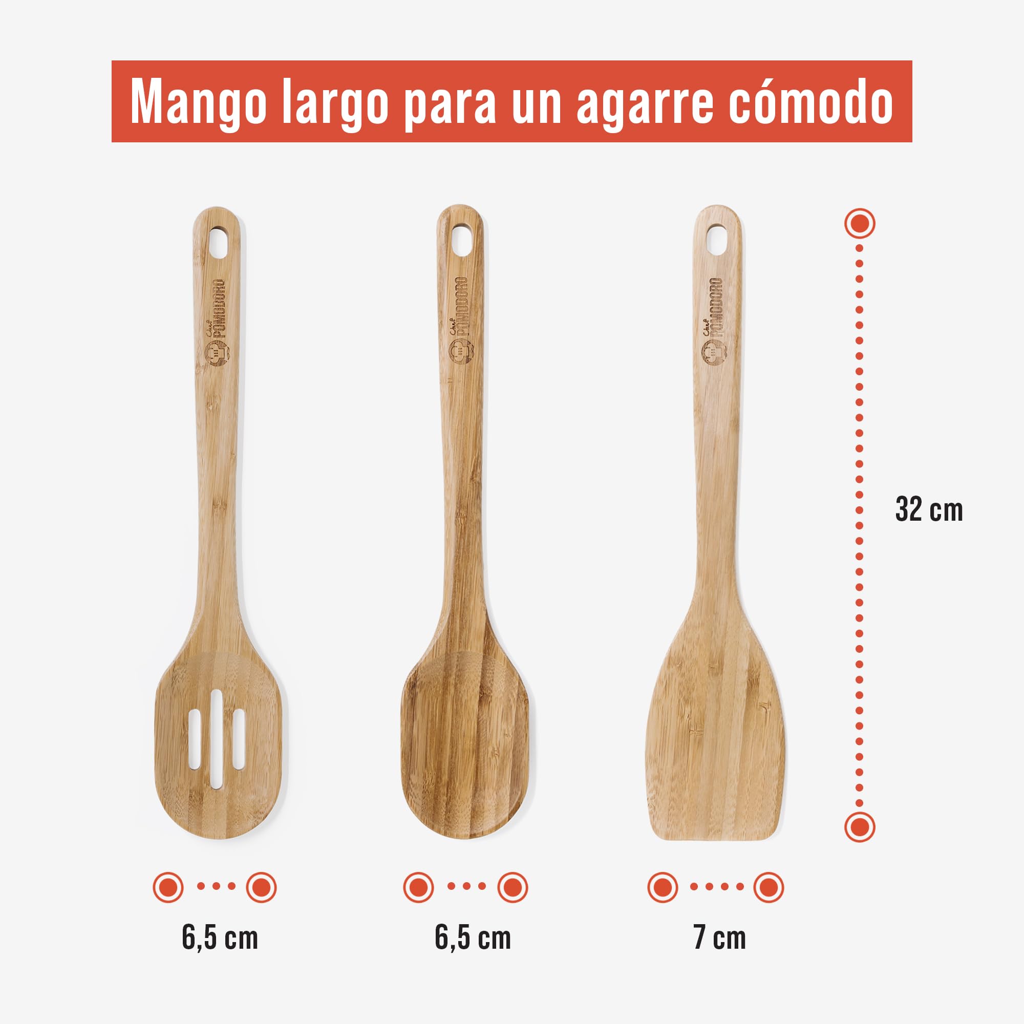 Chef Pomodoro Utensilios de Cocina Madera | Set de 3 Piezas Utensilios Cocina Bambú | Paleta Cocina Grande 31 cm, Cuchara Madera y Cuchara con Orificios | Set Menaje de Cocina