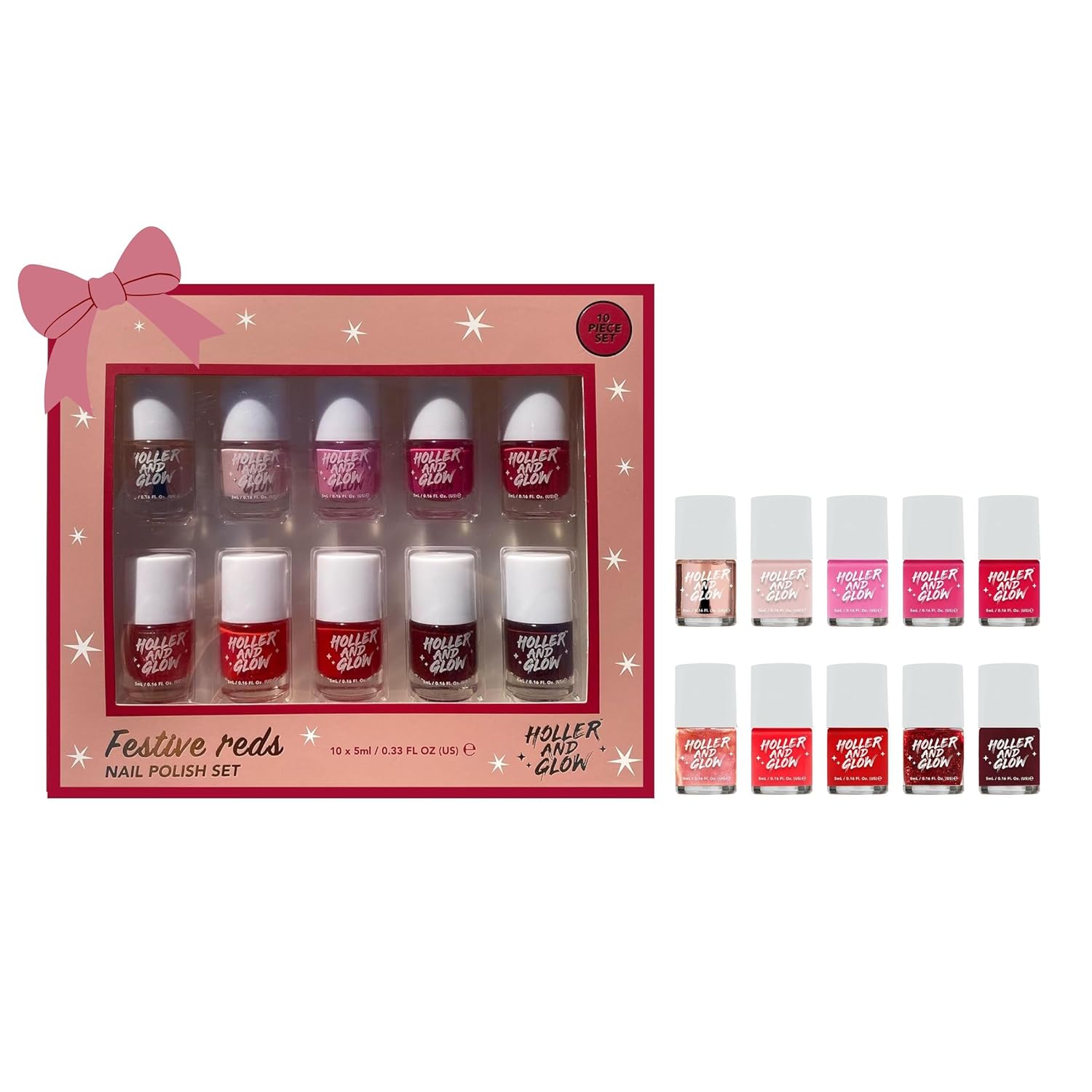 Holler and Glow Reds Miniature Nail Polish Mother's Day Gift Set, Mini Size, Limited Edition, Base Coat, Top Coat, High Shine Finish, Glossy, Long Wearing, Quick Dry, Fast Dry, 10 Piece Set