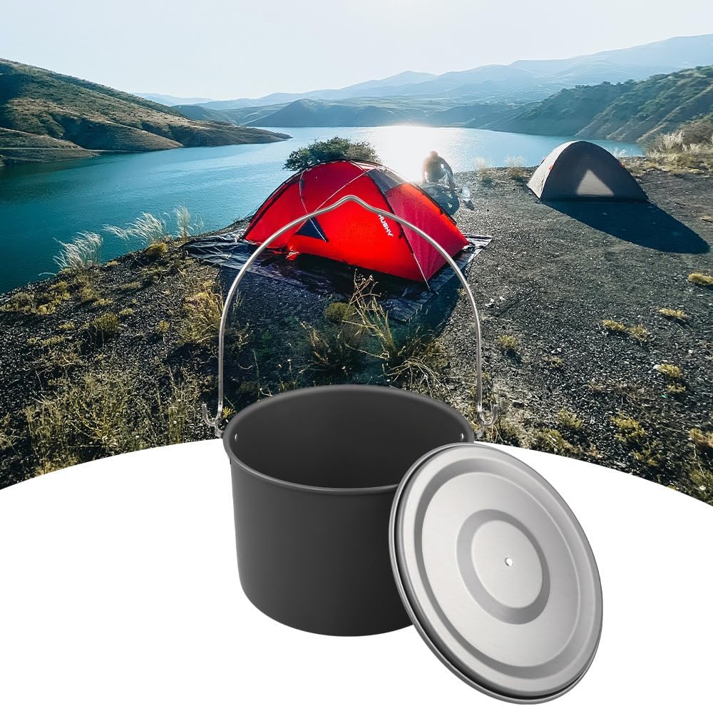 Alomejor 8L Hanging Pot Large Camping Cookware Portable Pot and Pan Set with lid for 8-10 People Outdoor Activities