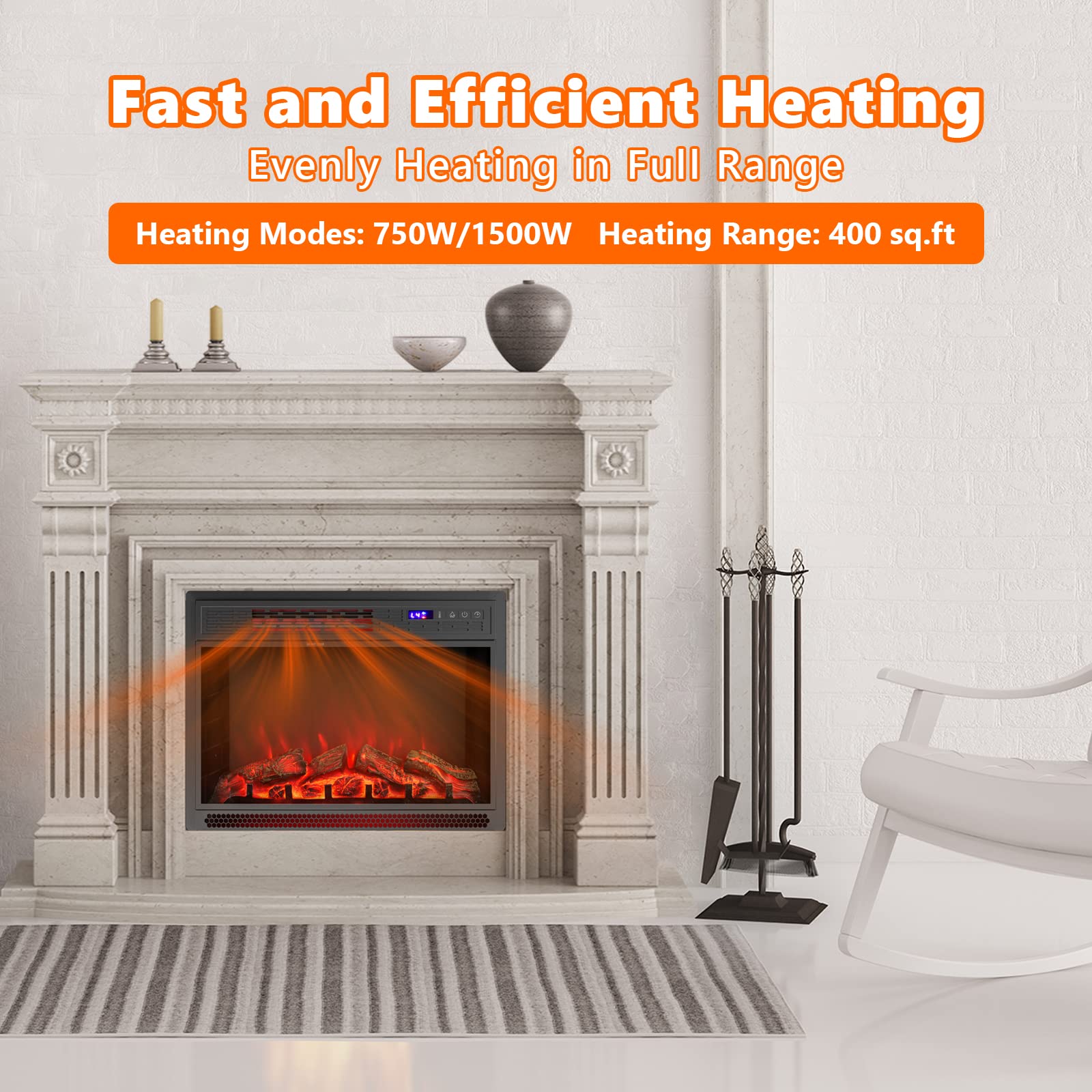 ARLIME 25 Inch Electric Fireplace Inserts in-Wall Recessed and Freestanding Fireplace Heater, 1400W Electric Room Heater Indoor with 3D Adjustable Flame, Remote Control, Thermostat, and Timer