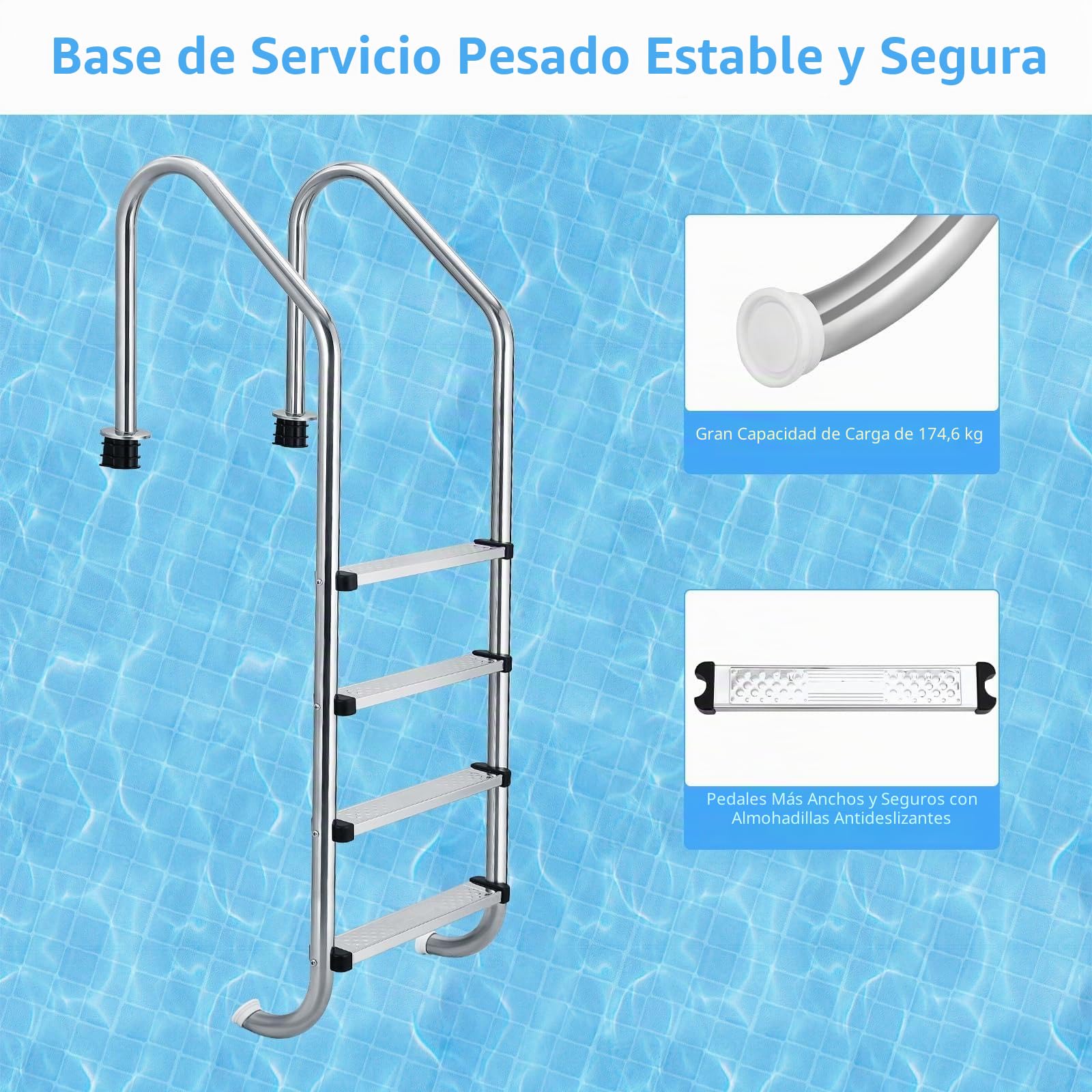 Garvee Escalera de Piscina de 4 Peldaños, Acero Inoxidable 304 de Alta Resistencia para Piscinas Enterradas, Peldaños Antideslizantes con Pasamanos Ergonómico, Soporta 180 kg, Fácil Instalación.