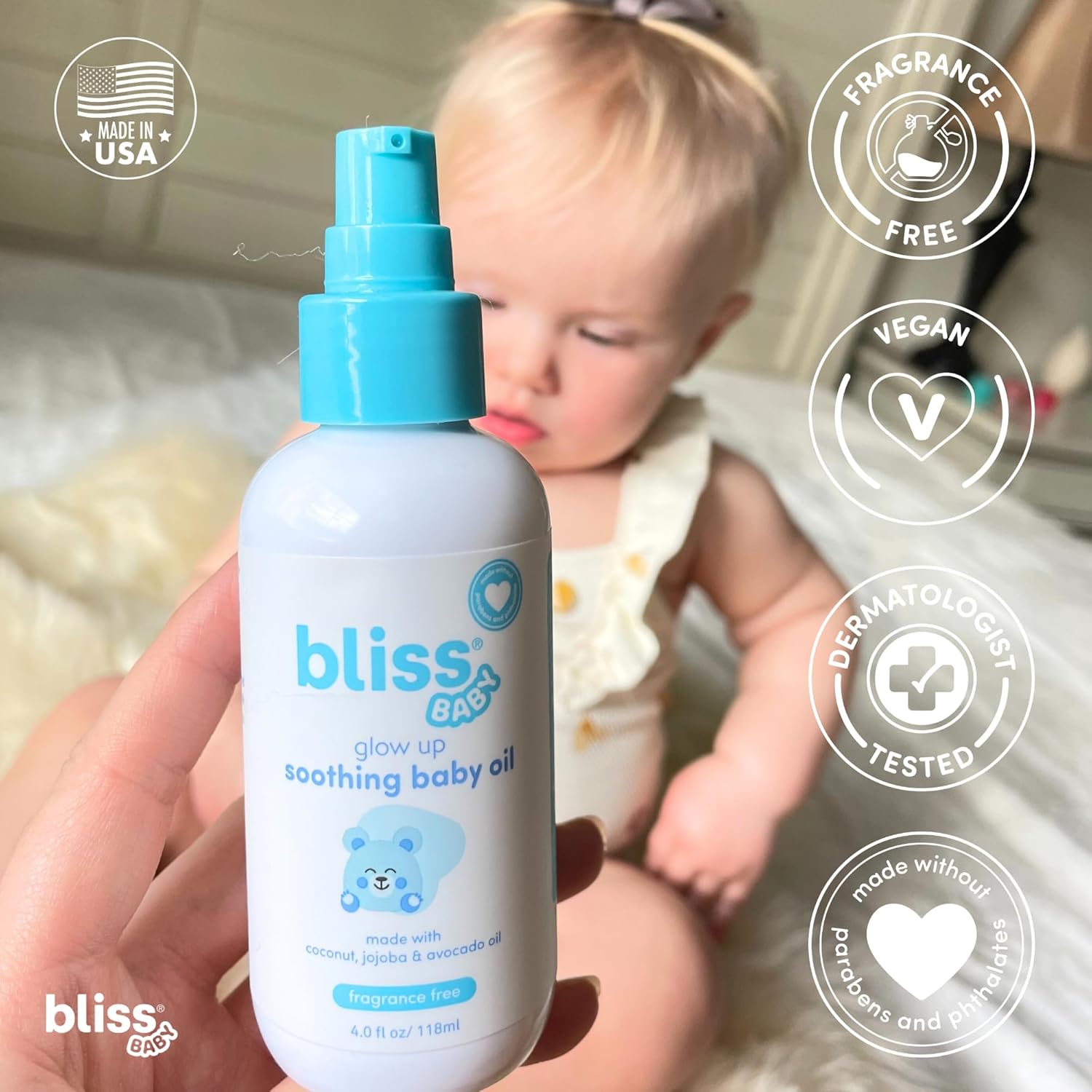 Bliss Baby Oil, All Natural, Premium & Unscented, Vegan - Made with Organic Avocado Oil, Coconut Oil, Dermatologist Tested, Soothing & Hydrating Baby Massage Oil, Travel Size 4 fl. Oz. - Image 3