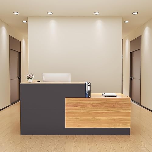Vista 8 de Escritorio de recepción en forma de L con cajones con cerradura y armario de llenado ajustable, moderno mostrador de recepción con bandeja