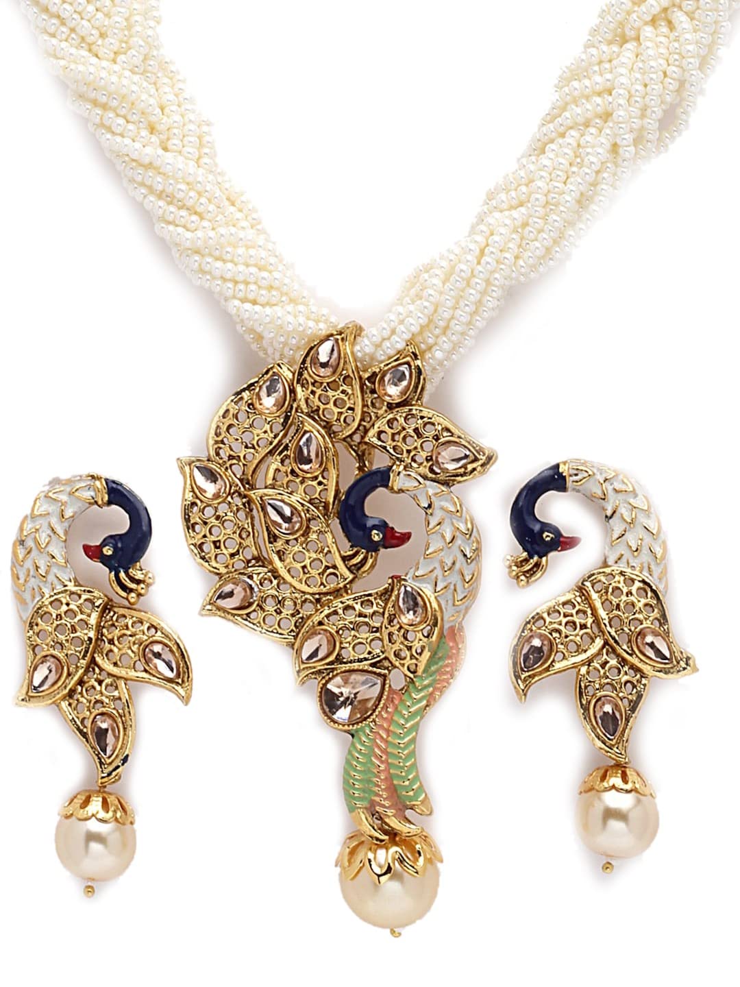 rhosyn Elegant Traditional Stylish Ethnic Designer Wear Gold Plated Stone Studded Off White Pearl Beaded Meenakari Peacock Style Necklace Set with Earrings(BJPCK130 Cpy1)-picture-19