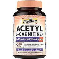 Acetyl-L-Carnitine HCl 1250mg, with B1, B2, Niacin, Biotin, Folic Acid, Methyl B12, B5 & Iron, B Vitamins, High Potency, Energy, Brain Support, 240 Vegan Caps